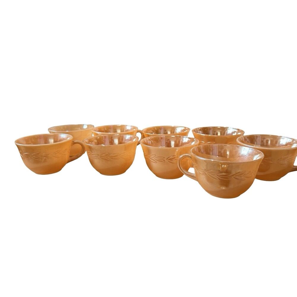 Vintage Fire King Peach Lusterware Laurel Leaves-Tea,‎ Coffee Cups Set 9